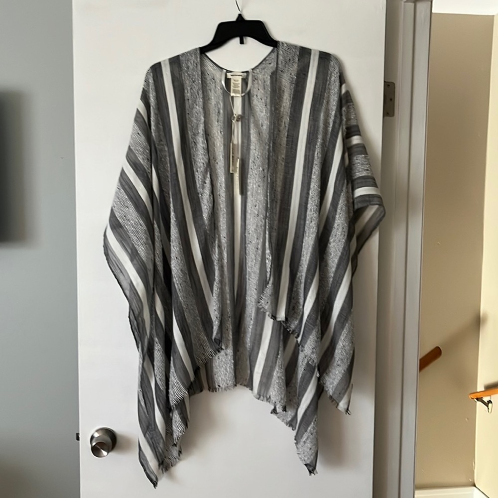 Max Studio Gray And White Vertical Striped Lightweight Poncho Wrap